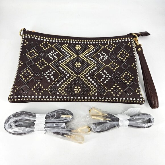 Studded Wristlet Clutch Purse Bag Brown Gold Silver Accents 2 Detach Straps 11x7 - Picture 1 of 13